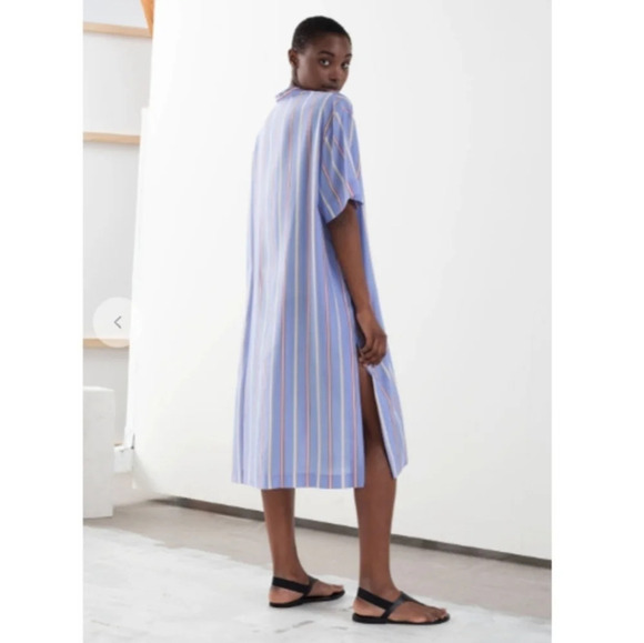 & Other Stories Striped Lyocell A-Line Midi Short Sleeve Shirt Dress Oversize 6 - Picture 4 of 15